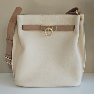 Cream and Tan Structured Shoulder Bag with Gold Ring Detail